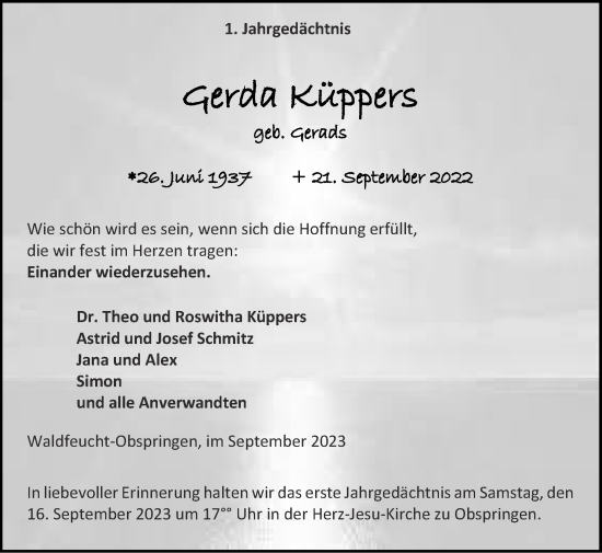 Traueranzeige von Gerda Küppers von Zeitung am Sonntag