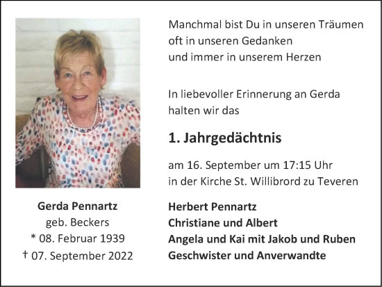 Traueranzeige von Gerda Pennartz von Zeitung am Sonntag