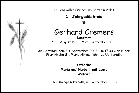 Traueranzeige von Gerhard Cremers von Zeitung am Sonntag
