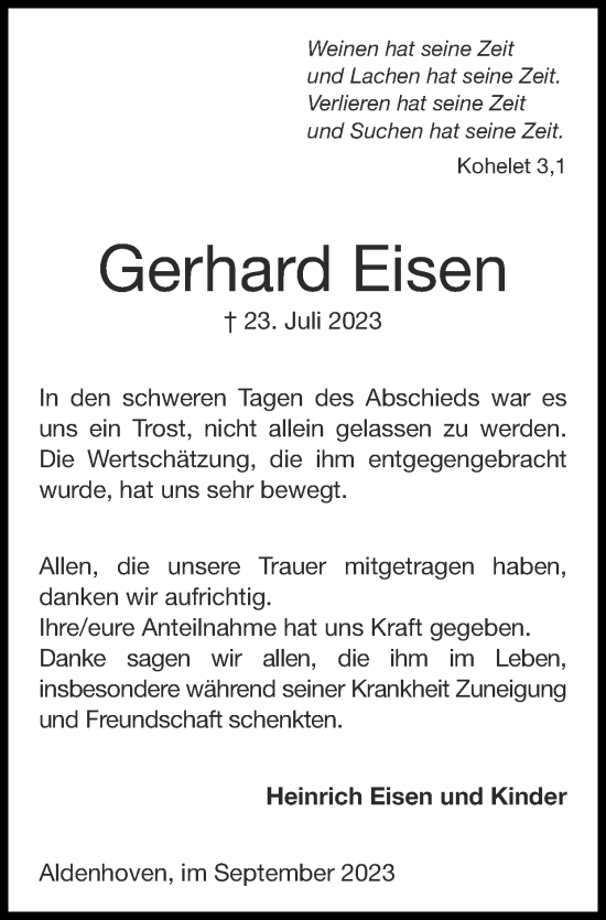 Traueranzeige von Gerhard Eisen von Zeitung am Sonntag