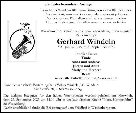 Traueranzeige von Gerhard Windeln von Zeitung am Sonntag