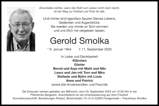 Traueranzeige von Gerold Smolka von Zeitung am Sonntag