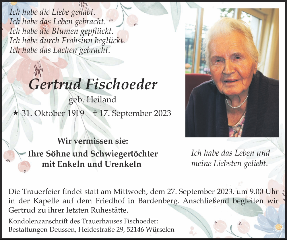  Traueranzeige für Gertrud Fischoeder vom 24.09.2023 aus Zeitung am Sonntag