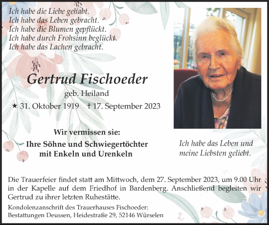 Traueranzeige von Gertrud Fischoeder von Zeitung am Sonntag