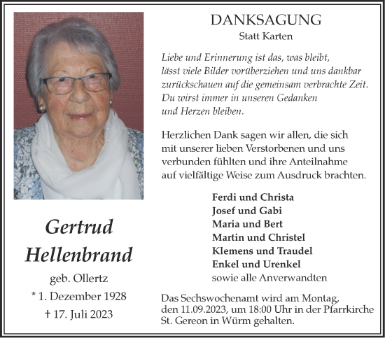 Traueranzeige von Gertrud Hellenbrand von Zeitung am Sonntag
