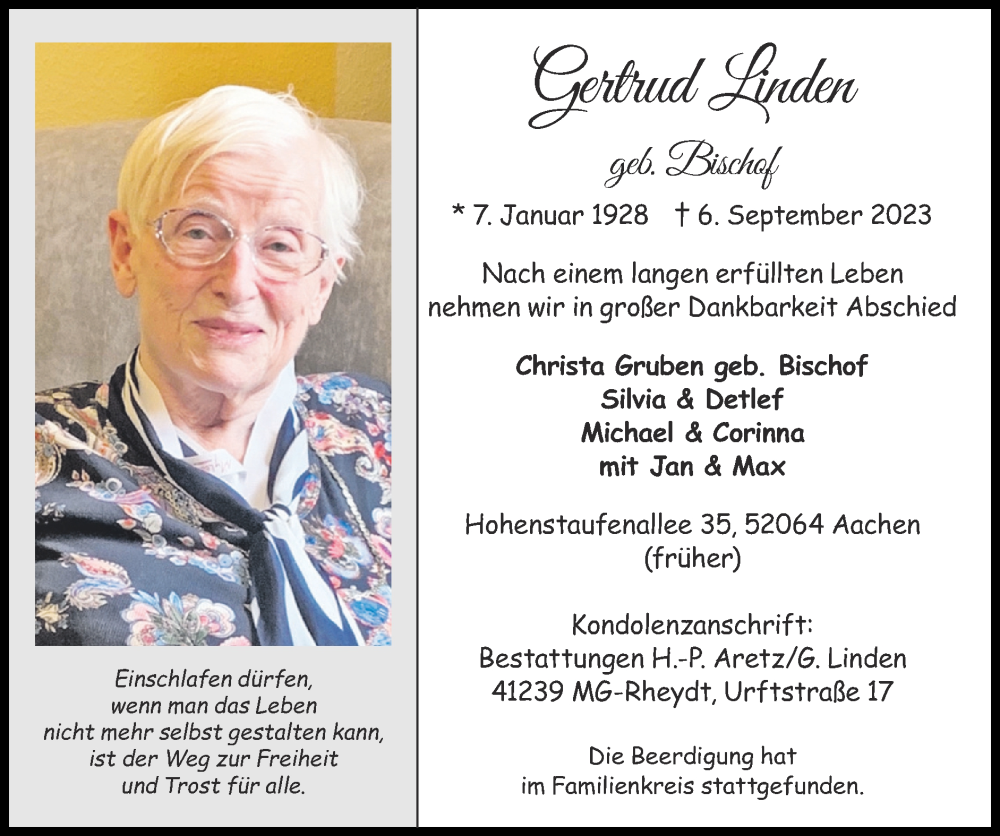  Traueranzeige für Gertrud Linden vom 17.09.2023 aus Zeitung am Sonntag