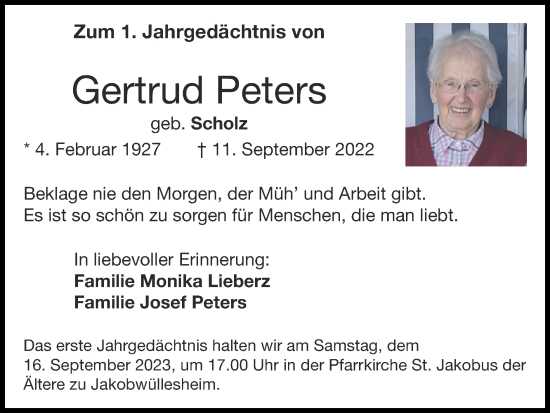 Traueranzeige von Gertrud Peters von Zeitung am Sonntag