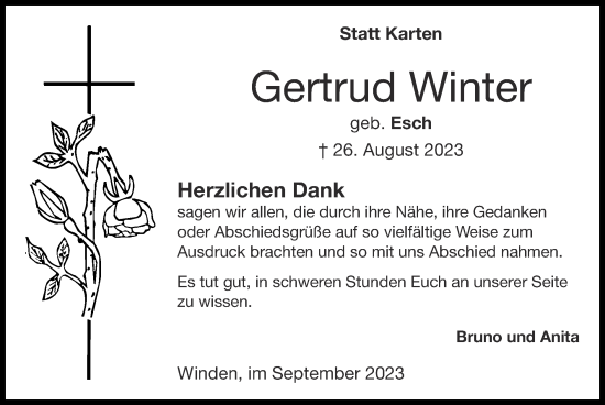 Traueranzeige von Gertrud Winter von Zeitung am Sonntag