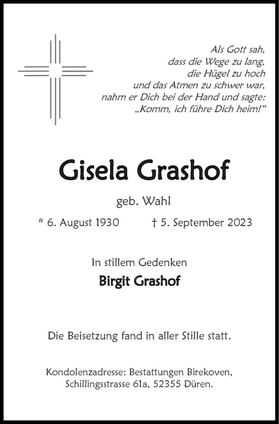 Traueranzeige von Gisela Grashof von Zeitung am Sonntag