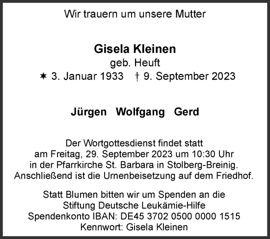 Traueranzeige von Gisela Kleinen von Zeitung am Sonntag