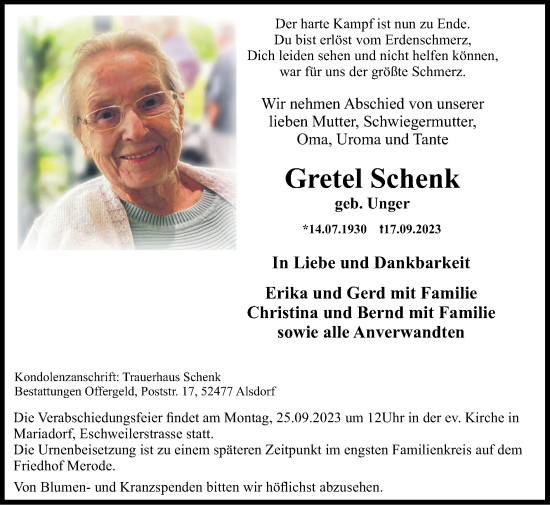 Traueranzeige von Gretel Schenk von Zeitung am Sonntag