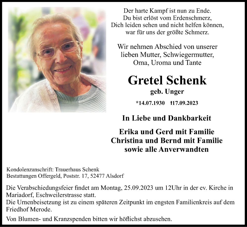  Traueranzeige für Gretel Schenk vom 24.09.2023 aus Zeitung am Sonntag