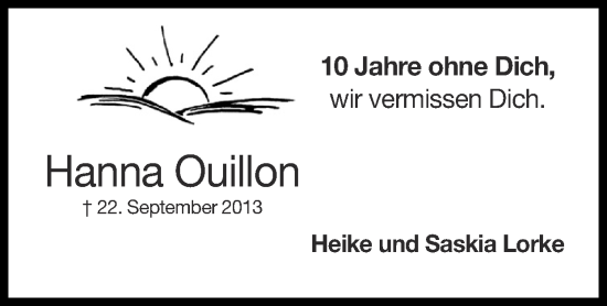 Traueranzeige von Hanna Ouillon von Zeitung am Sonntag