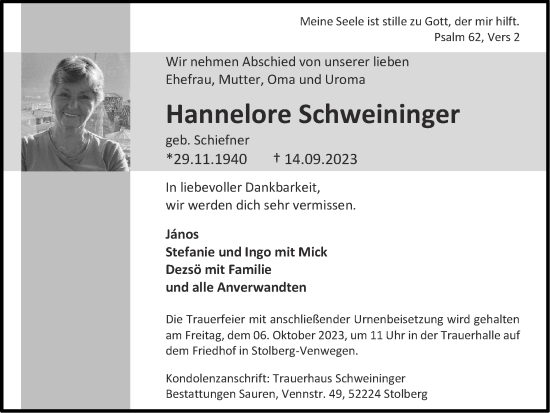 Traueranzeige von Hannelore Schweininger von Zeitung am Sonntag