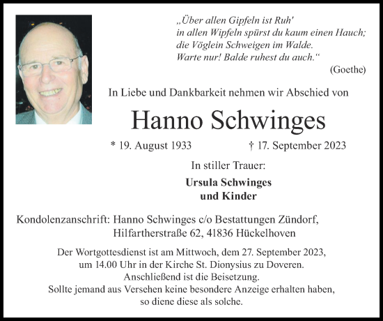Traueranzeige von Hanno Schwinges von Zeitung am Sonntag