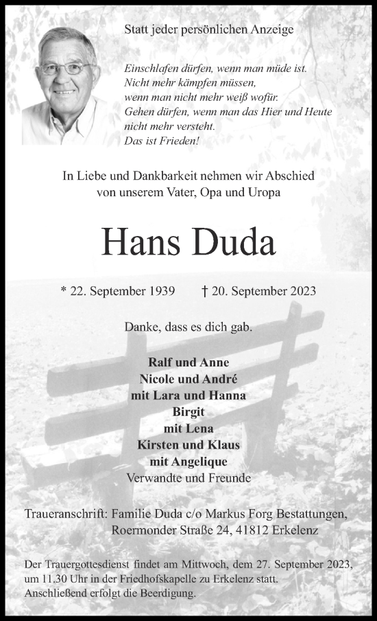 Traueranzeige von Hans Duda von Zeitung am Sonntag