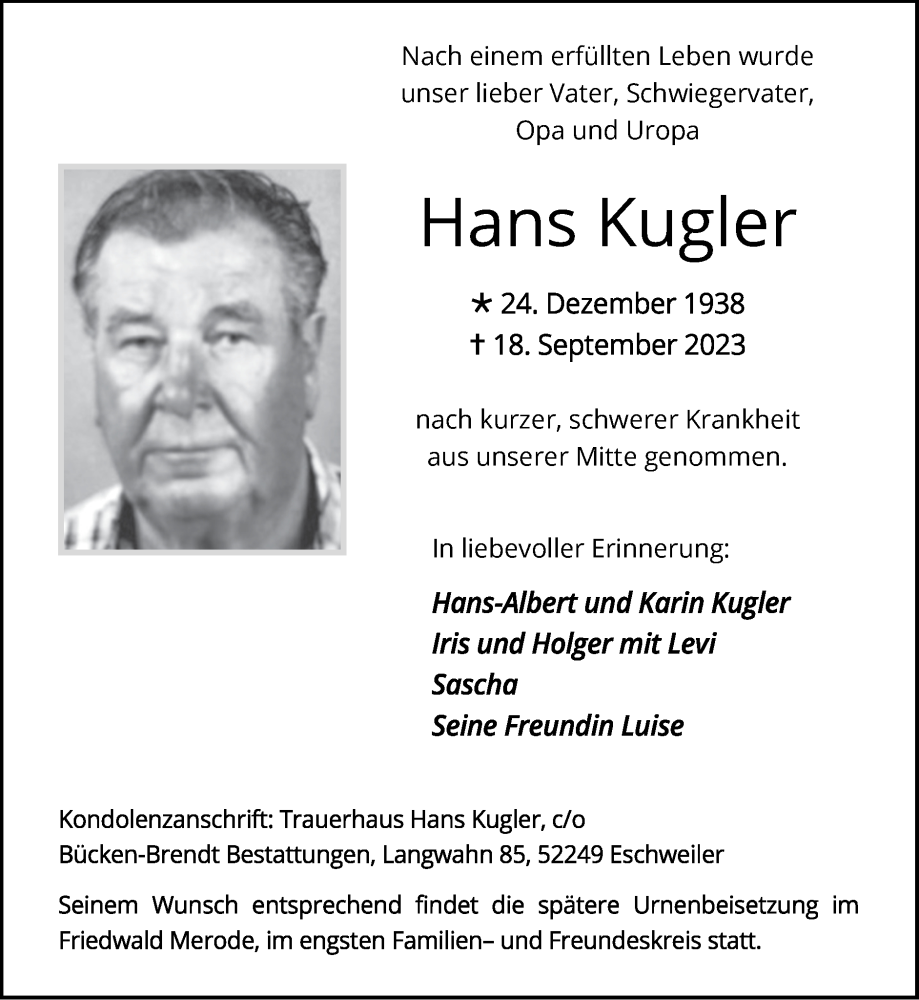  Traueranzeige für Hans Kugler vom 24.09.2023 aus Zeitung am Sonntag