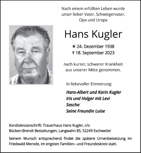 Traueranzeige von Hans Kugler von Zeitung am Sonntag