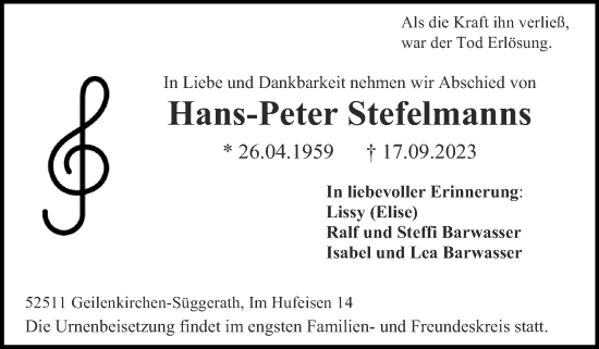Traueranzeige von Hans-Peter Stefelmanns von Zeitung am Sonntag