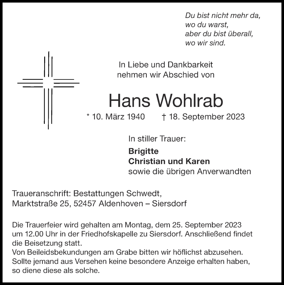  Traueranzeige für Hans Wohlrab vom 24.09.2023 aus Zeitung am Sonntag