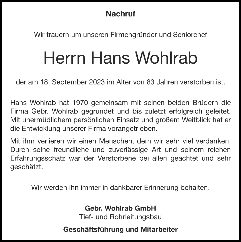  Traueranzeige für Hans Wohlrab vom 24.09.2023 aus Zeitung am Sonntag