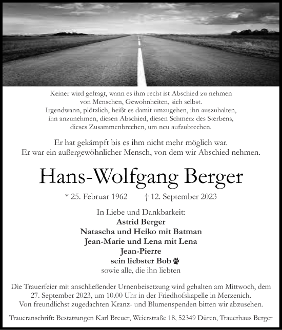Traueranzeige von Hans-Wolfgang Berger von Zeitung am Sonntag