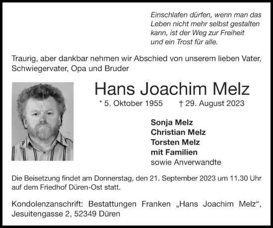 Traueranzeige von Hans Joachim Melz von Zeitung am Sonntag