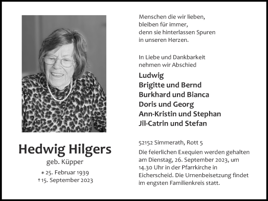 Traueranzeige von Hedwig Hilgers von Zeitung am Sonntag