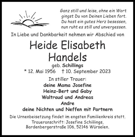 Traueranzeige von Heide Elisabeth Handels von Zeitung am Sonntag