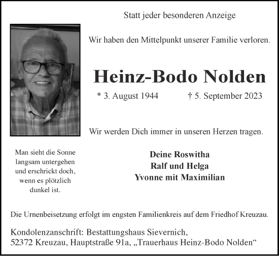 Traueranzeige von Heinz-Bodo Nolden von Zeitung am Sonntag