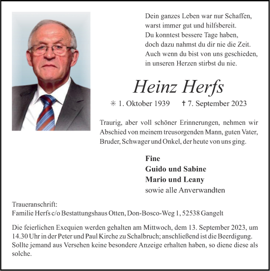 Traueranzeige von Heinz Herfs von Zeitung am Sonntag
