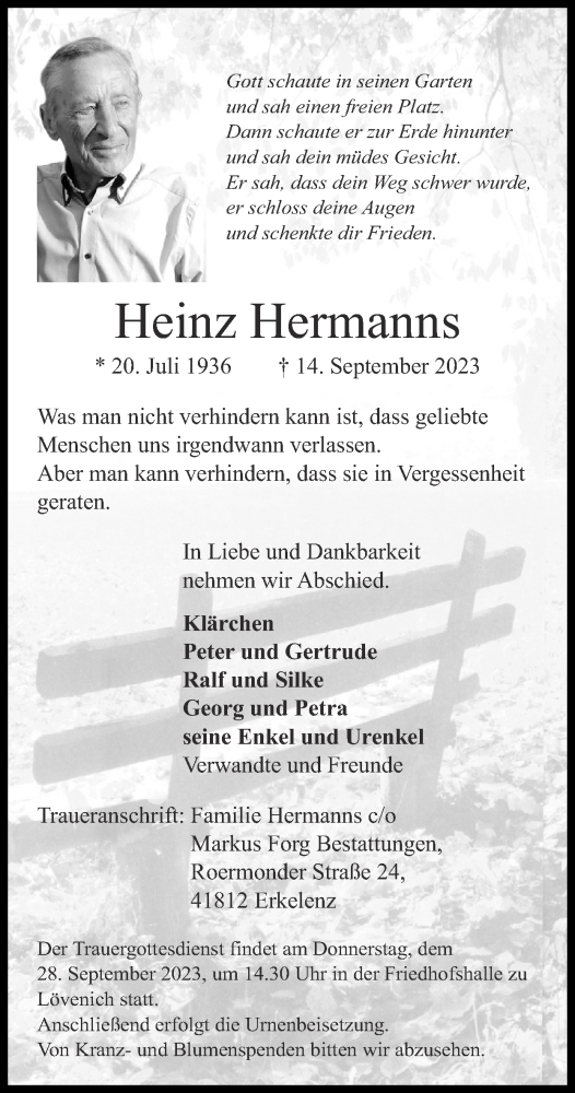 Traueranzeige von Heinz Hermanns von Zeitung am Sonntag