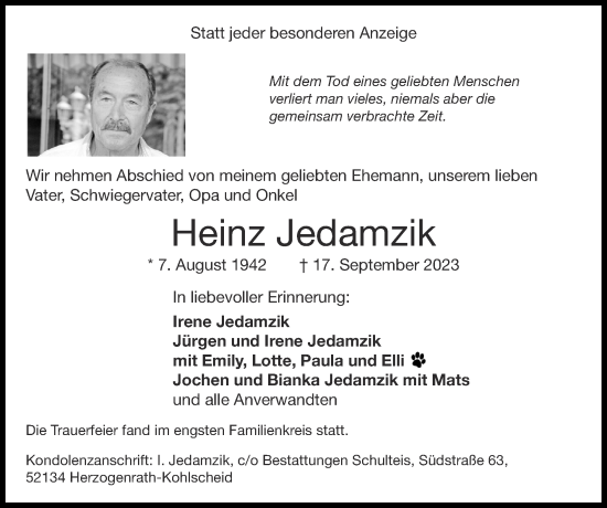 Traueranzeige von Heinz Jedamzik von Zeitung am Sonntag