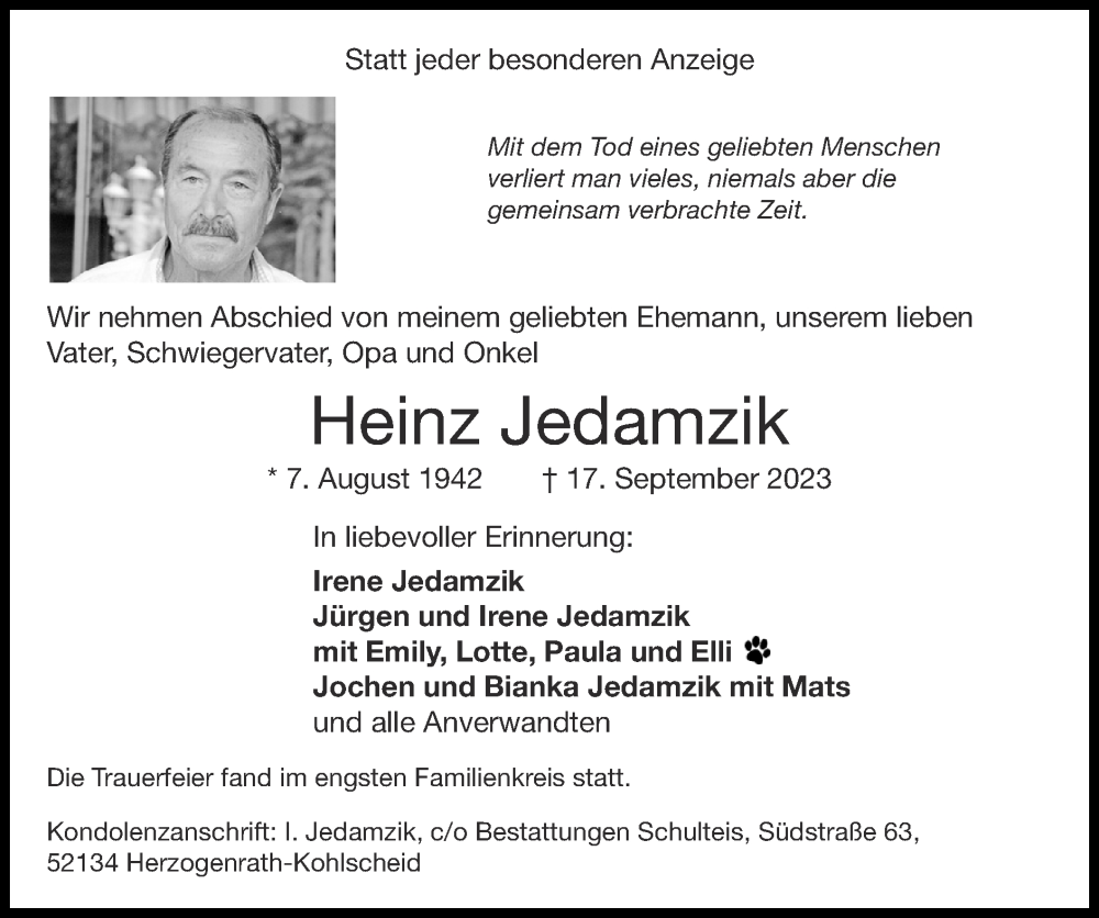  Traueranzeige für Heinz Jedamzik vom 24.09.2023 aus Zeitung am Sonntag