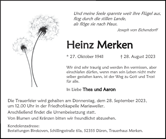 Traueranzeige von Heinz Merken von Zeitung am Sonntag