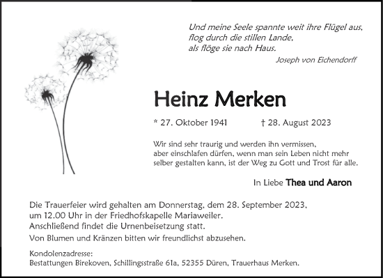 Traueranzeige von Heinz Merken von Aachener Zeitung
