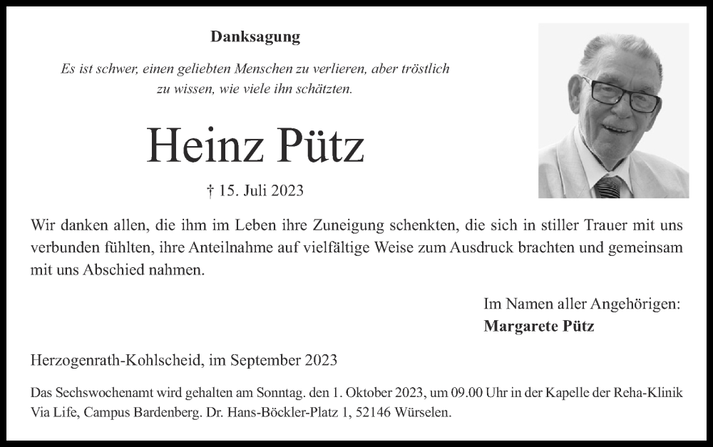  Traueranzeige für Heinz Pütz vom 24.09.2023 aus Zeitung am Sonntag