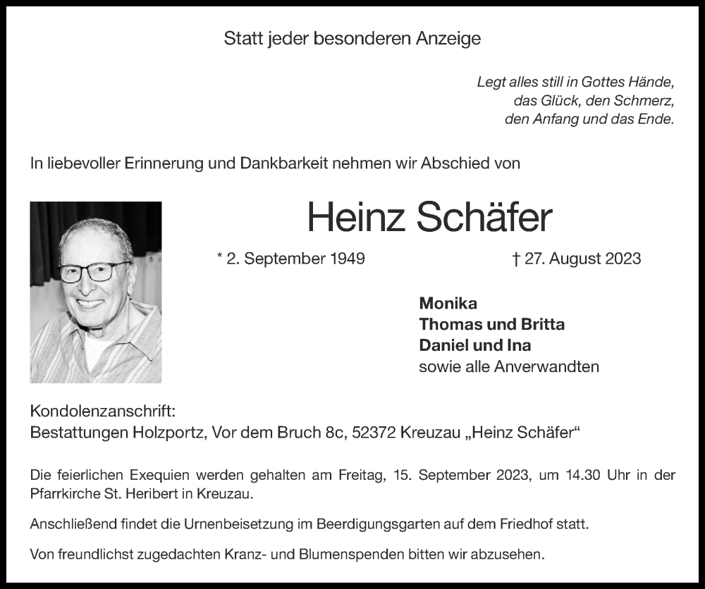  Traueranzeige für Heinz Schäfer vom 10.09.2023 aus Zeitung am Sonntag