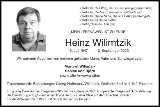 Traueranzeige von Heinz Wilimtzik von Zeitung am Sonntag