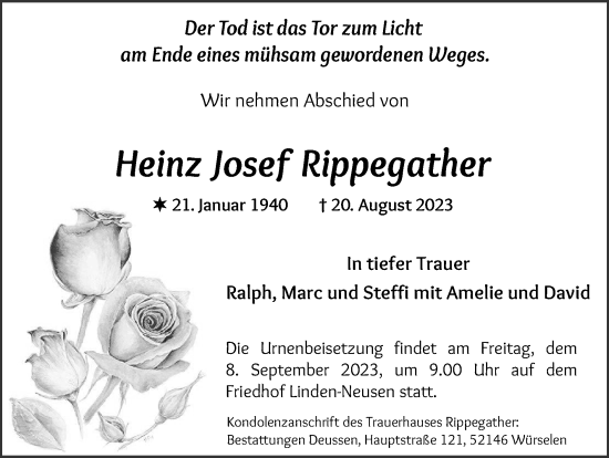 Traueranzeige von Heinz Josef Rippegather von Zeitung am Sonntag