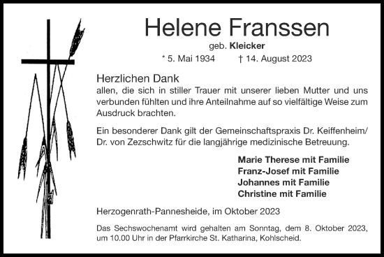 Traueranzeige von Helene Franssen von Zeitung am Sonntag
