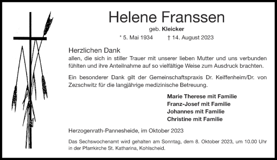 Traueranzeige von Helene Franssen von Aachener Zeitung