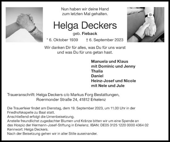 Traueranzeige von Helga Deckers von Zeitung am Sonntag