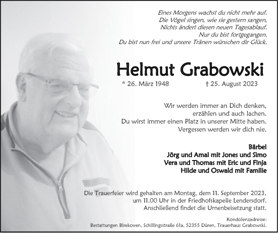 Traueranzeige von Helmut Grabowski von Zeitung am Sonntag