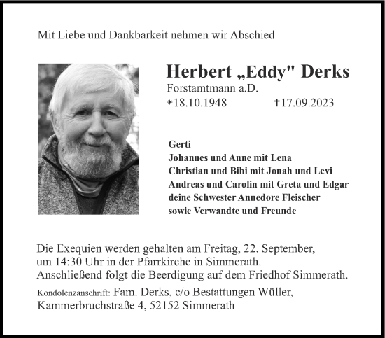 Traueranzeige von Herbert  Derks von Aachener Zeitung