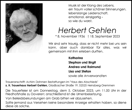 Traueranzeige von Herbert Gehlen von Zeitung am Sonntag