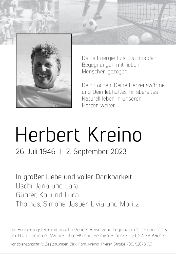  Traueranzeige für Herbert Kreino vom 17.09.2023 aus Zeitung am Sonntag