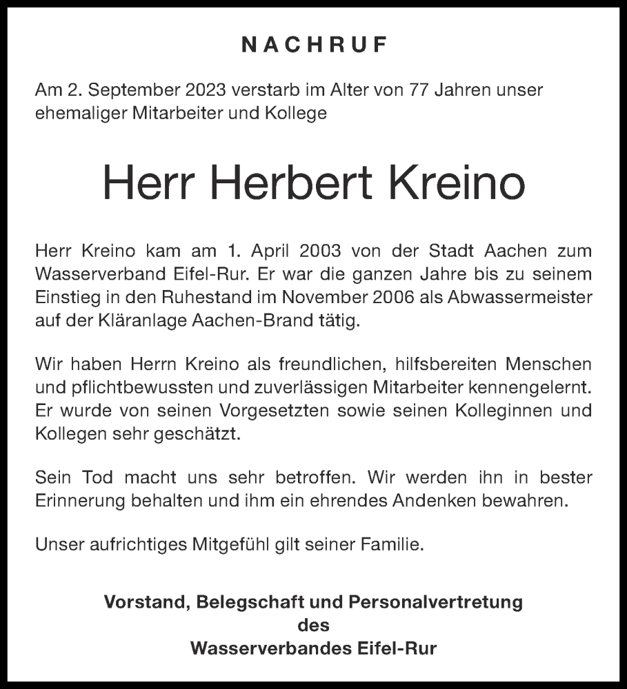 Traueranzeige für Herbert Kreino vom 23.09.2023 aus Aachener Zeitung