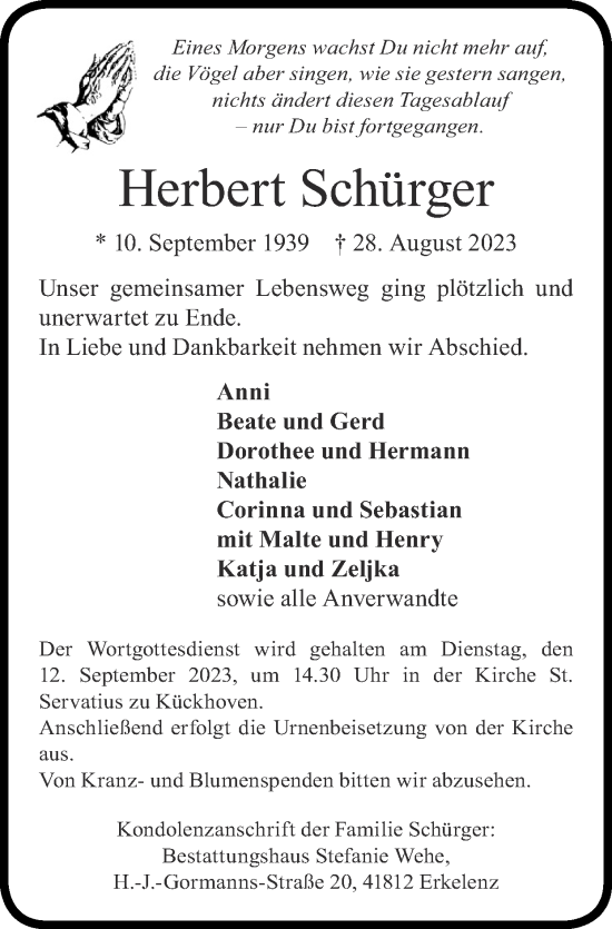 Traueranzeige von Herbert Schürger von Zeitung am Sonntag