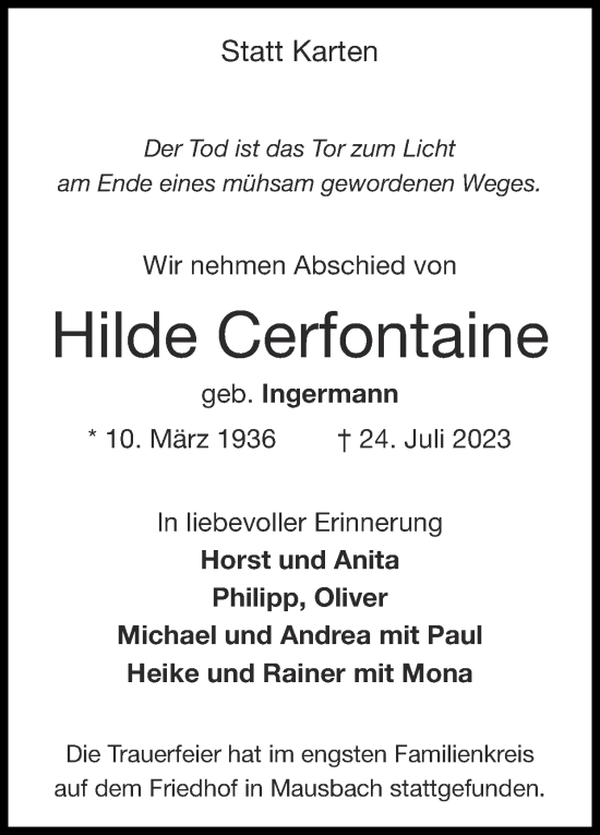 Traueranzeige von Hilde Cerfontaine von Zeitung am Sonntag